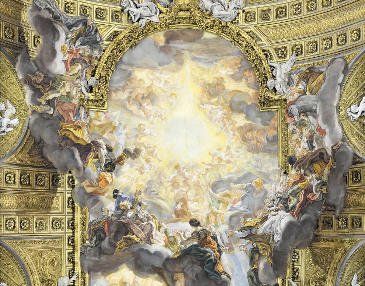 Ornate gilded cathedral vault surrounding a luminous painted heaven